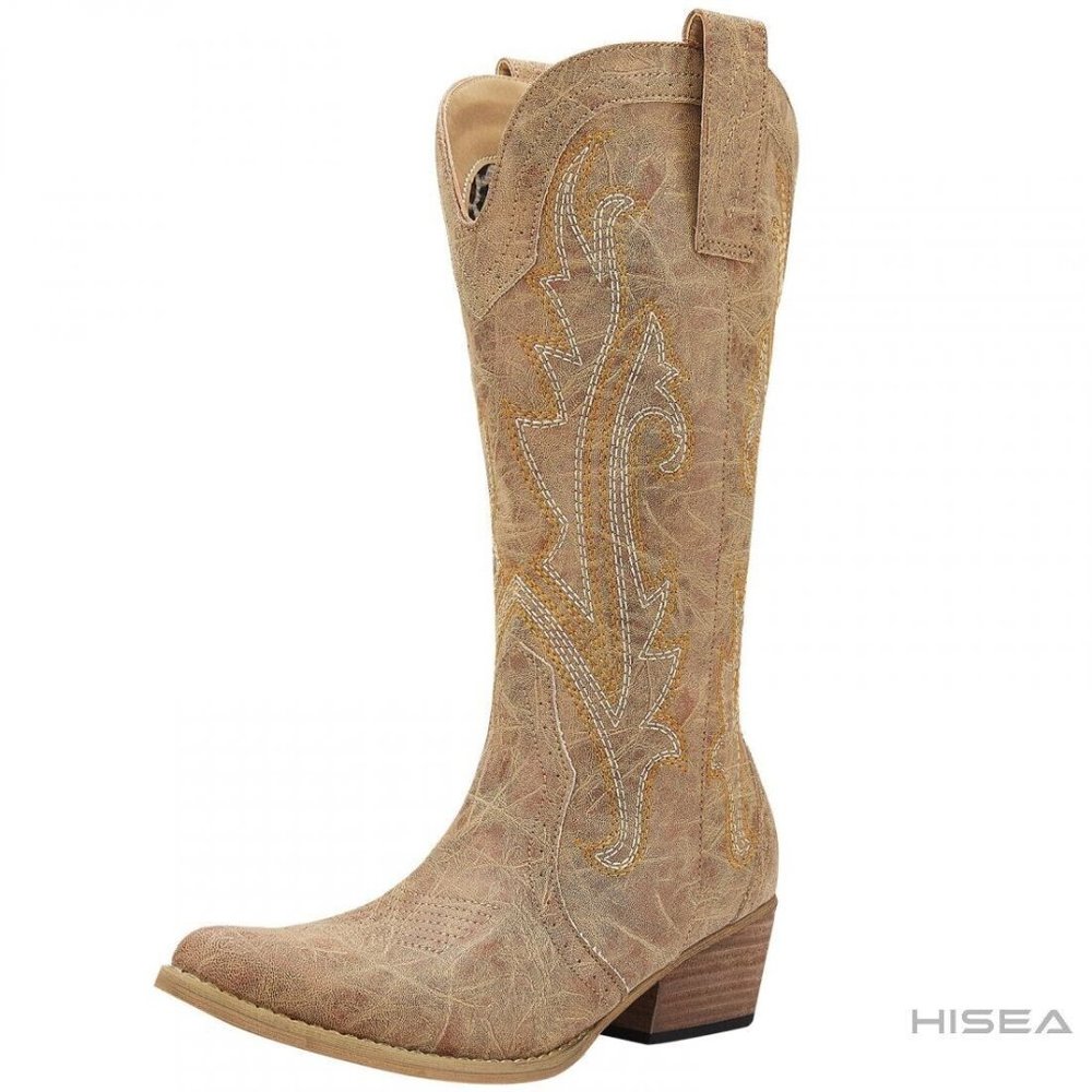 HiSea Womens Western Embroidered Cowgirl Boots Tan Sz 9.5 Lifetime Warranty NWB